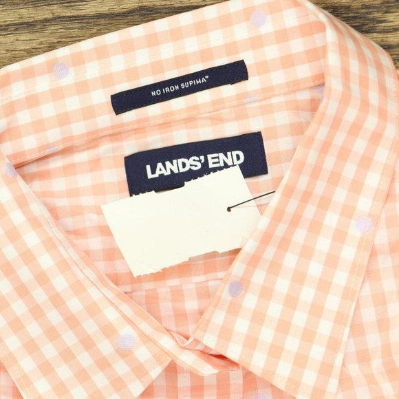 NWT Lands' End Long Patterned Dress Shirt 484704 14 Tall Peach Dot Orange PInk - Picture 3 of 5